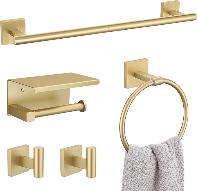 5 Pieces Brushed Gold Bathroom Hardware Set, SUS304 Stainless Steel Bathroom Accessories Set 23.6 inches Towel Bar, Toilet Paper Holder with Shelf, Towel Ring and Two Towel Hooks Wall-Mounted