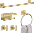 5 Pieces Brushed Gold Bathroom Hardware Set, SUS304 Stainless Steel Bathroom Accessories Set 23.6 inches Towel Bar, Toilet Paper Holder with Shelf, Towel Ring and Two Towel Hooks Wall-Mounted