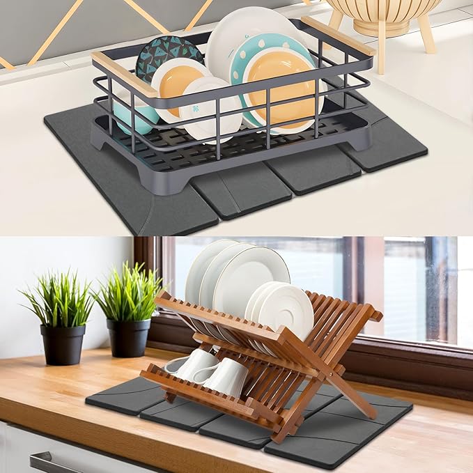Large Stone Dish Drying Mat for Kitchen Counter, 2 PCS Quick Dry Stone Mats, Foldable Water Absorbing Diatomaceous Earth Drying Dishes Pad for Countertop Bottle Utensil Cup(Carved Gray 24"x16"&8"x4")