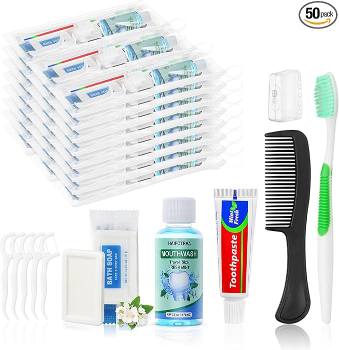 50 Set Personal Care Travel Toiletries Sets Bulk,8-IN-1 Disposable Toothbrushes with Toothpaste and Floss,Mouthwash,Comb,Soap,Cover,Zip Bag Toiletry Travel Toothbrush Kit for Homeless,Hotel,Charity