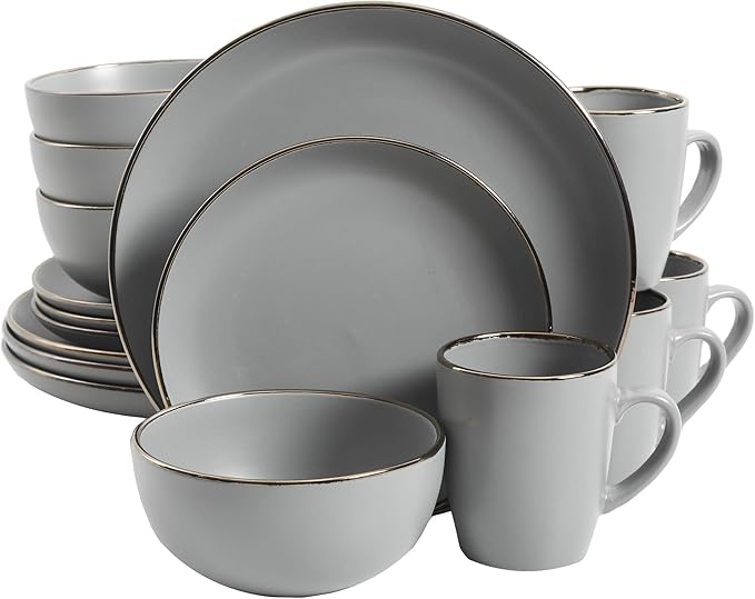 Gibson Home Rockaway 16-Piece Round Stoneware Dinnerware Set, Service for 4 – Grey with Gold Rim Plates and Bowls, Microwave & Dishwasher Safe