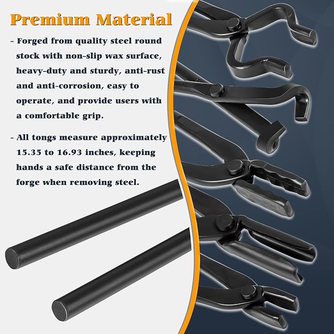 Blacksmith Tongs - V-Bit, Flat, Blade, Square Jaw, Wolf Jaw (5PCS) | Knife Making Forge Tong Set Assembled Steel Blacksmithing Bladesmith Bladesmithing