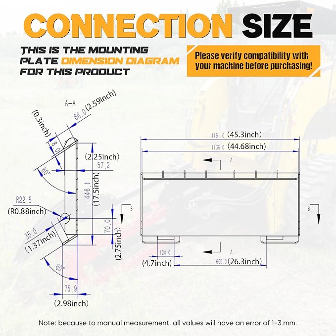63" Wide Skid Steer Brush Cutter Attachment - 57.6"/1460mm Cutting Width, 2 Bi-Directional Blades, Fits Bobcat and Most Skid Steer Loaders, Ideal for Landscaping, Trail Clearing and Construction