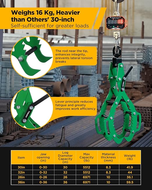 26 in Log Lifting Tongs, Log Grapple Hook with Handle, Upgraded Timber Claw Hooks as Log Handling Tools for Dragging and Lifting Logs as Tractor, ATVs, Trucks Accessories (4 Claws - 26‘’)