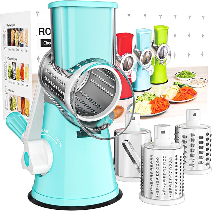Cambom Rotary Cheese Grater Hand Crank Cheese Shredder for Fresh Cheese, Vegetable, Nuts,Non-slip Suction Base，Three Blades,Blue