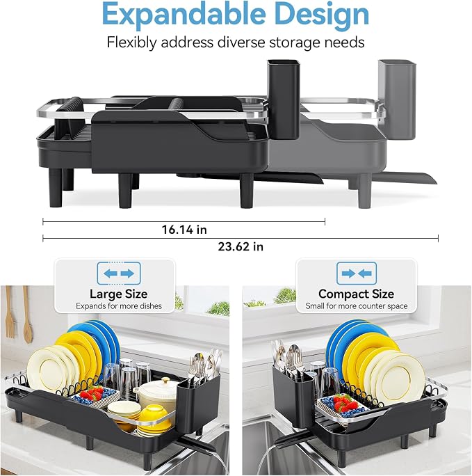 Urackify Expandable Dish Drying Rack for Kitchen Counter, 16.2-23.7", Black | Adjustable Capacity, Countertop-Stay-Dry Drainboard, Stable Plate Rack, Spave Saving for Apartment, RV, Dorms