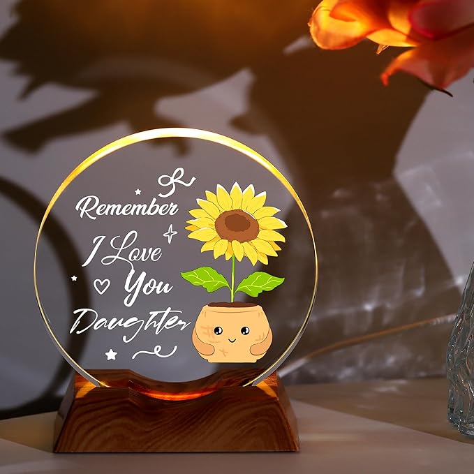 ZHSHWAT Daughter Gifts-LED Crystal Sunflower Night Light with Remember I Love You Text, Perfect for Birthday, Christmas and Special Days