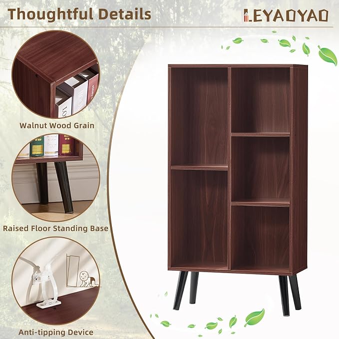 LEYAOYAO 5 Cube Bookshelf, Mid-Century Modern Book Shelf with Legs, Walnut | 3 Tier Bookcase, Rustic Wood Bookshelves Freestanding Small Storage Organizer, Open Shelves for Bedroom, Living Room, Office
