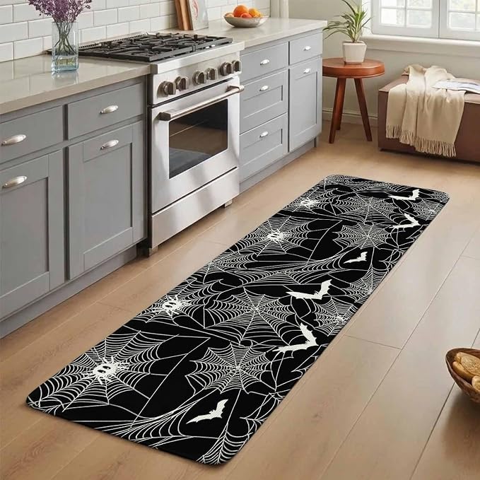 Halloween Bathroom Runner Rugs Non Slip Washable Absorbent Narrow Long Bath Mat Black Scary White Bat Animal Net Geometric Runner Rugs for Kitchen Hallway Bedroom Laundry Study Room 15.7"x47.2"