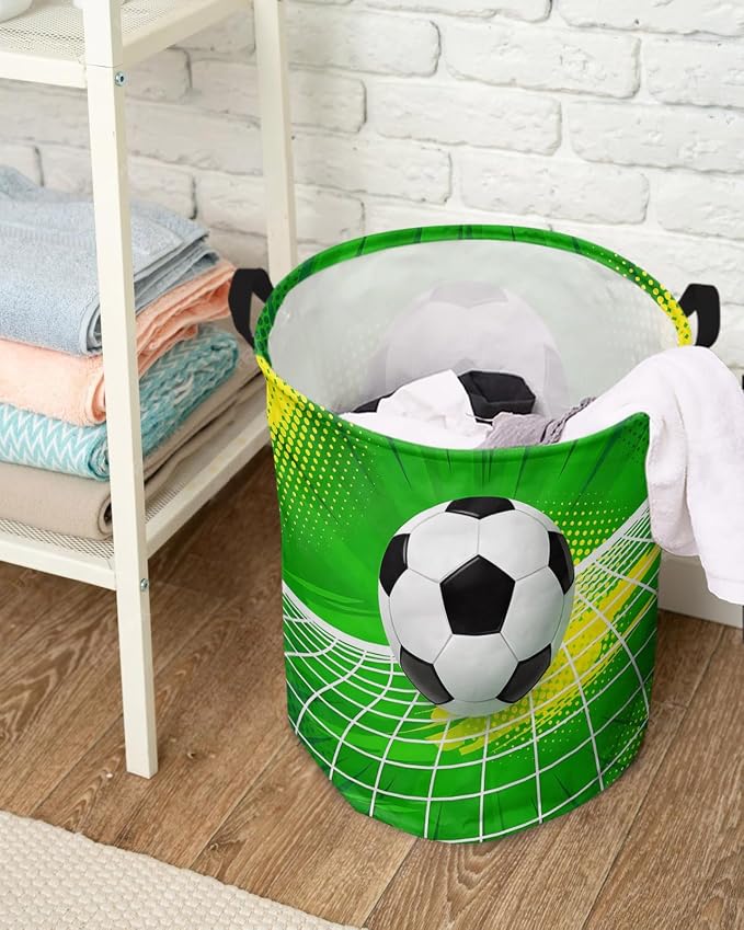 Collapsible Laundry Basket 60L, Green Football Storage Bin Laundry Hamper with Handles, Soccer Ball Goal Net Vibrant Waterproof Clothes Baskets for Bathroom/Bedroom 16.5 x 17 In