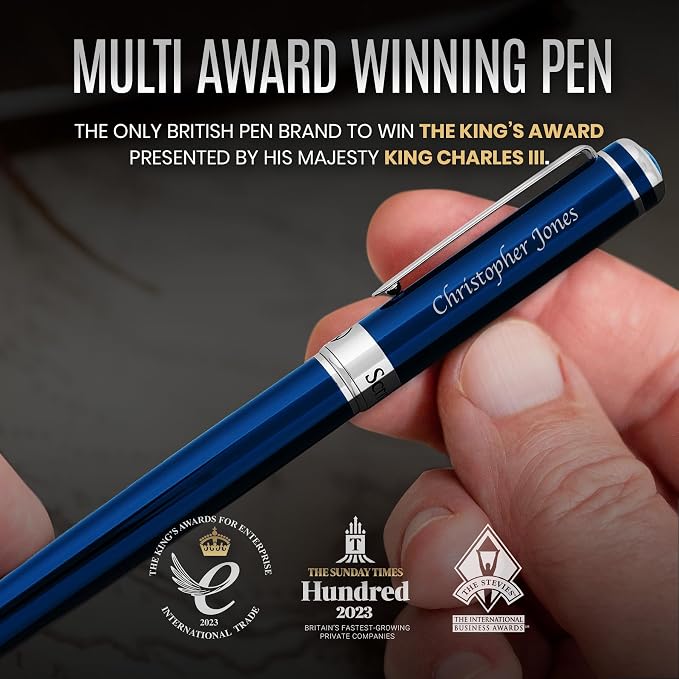 Scriveiner Personalized Midnight Blue Rollerball Pen - Stunning Blue Lacquer Luxury Pen, Chrome Finish, Schmidt Ink Refill, Best Engraved Roller Ball Gift Set for Men & Women, Custom Name Engraving