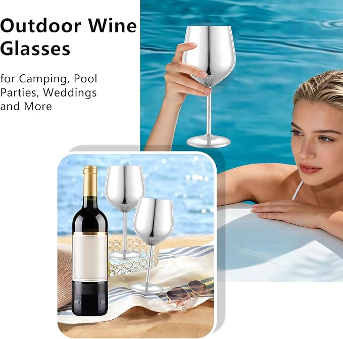 UNISWEET Unbreakable Stainless Steel Wine Glasses Set of 4, Silver | 17oz Unique Fancy Metal Wine Goblets, Shatterproof, Ideal for Outdoor, Camping, Travel, Pool, Great Gift for Wine Lovers