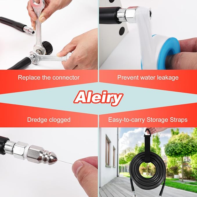 Sewer Jetter Kit for Pressure Washer,Water Jet Drain Cleaning Hose with Corner Rotating Button Spring Nose 1/4" NPT Sewer Cleaning Tool High-Pressure Nozzles,5800 PSI 50 FT