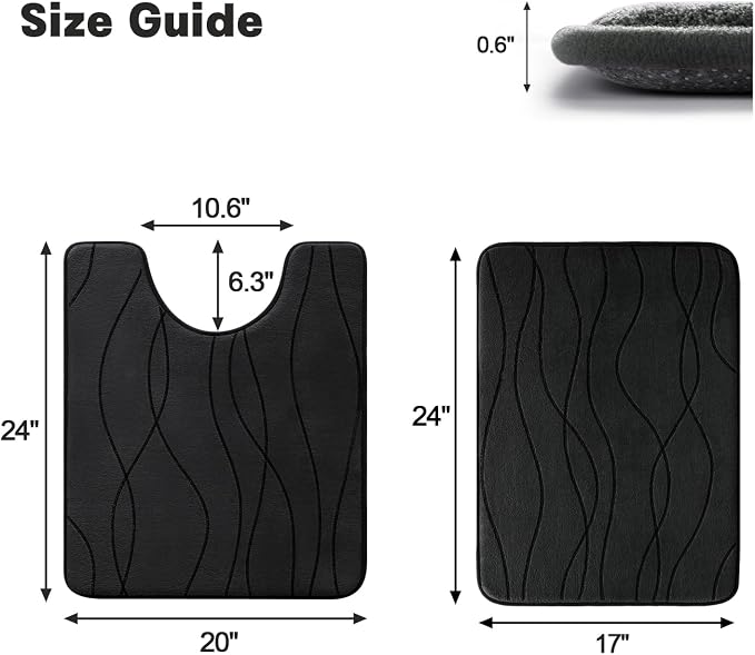 YIHOUSE Bathroom Rugs Set 2 Piece, Memory Foam Bath Mat Black | U Shaped+Small Mat, Ultra Soft, Absorbent, Non-Slip, Machine Washable, for Bathroom, Sink and Toilet