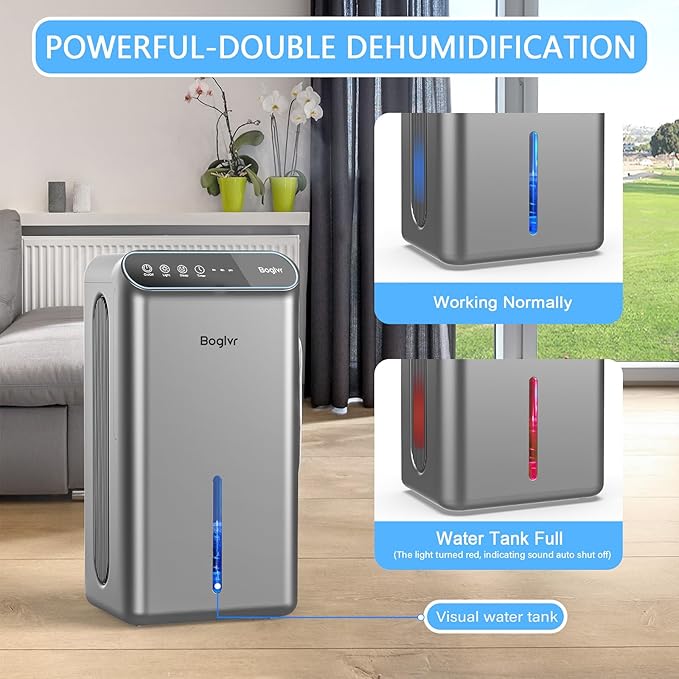 Dehumidifier for Home up to 1000 sq.ft, 98oz Small Quiet Dehumidifier with Drain Hose, 3 Timer Modes, Auto Shut Off, Aromatherapy & 7 Color Light for Bedroom, Bathroom, Basement (Space Gray)
