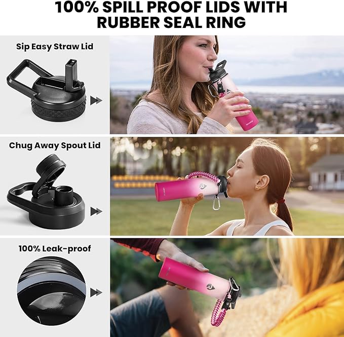 RAYMYLO Insulated Water Bottle 24 oz, Triple Wall Vacuum Stainless Steel (Cold for 24Hrs, Hot for 12Hrs), Leak Proof & Non-BPA, Modern Water Flask Jug with Paracord Handle & Straw Spout Lids
