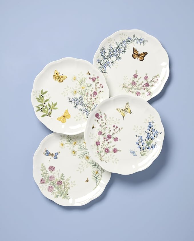 Lenox Butterfly Meadow Herbs Porcelain Dinner Plate Set for 4 | Dishwasher safe | 10.75 inch diameter | floral, everyday dining, gift for women, kitchen essentials, dinnerware
