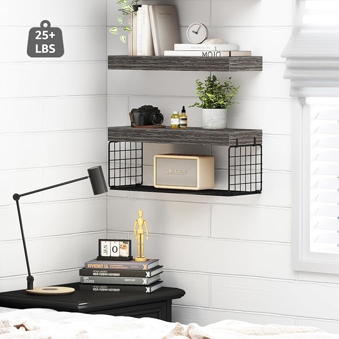 QEEIG Bathroom Shelves Over Toilet - Wall Mounted Floating Shelves Toilet Paper Storage Small Farmhouse Decor Shelf 16 inch Set of 2, Grey (019-GY2)