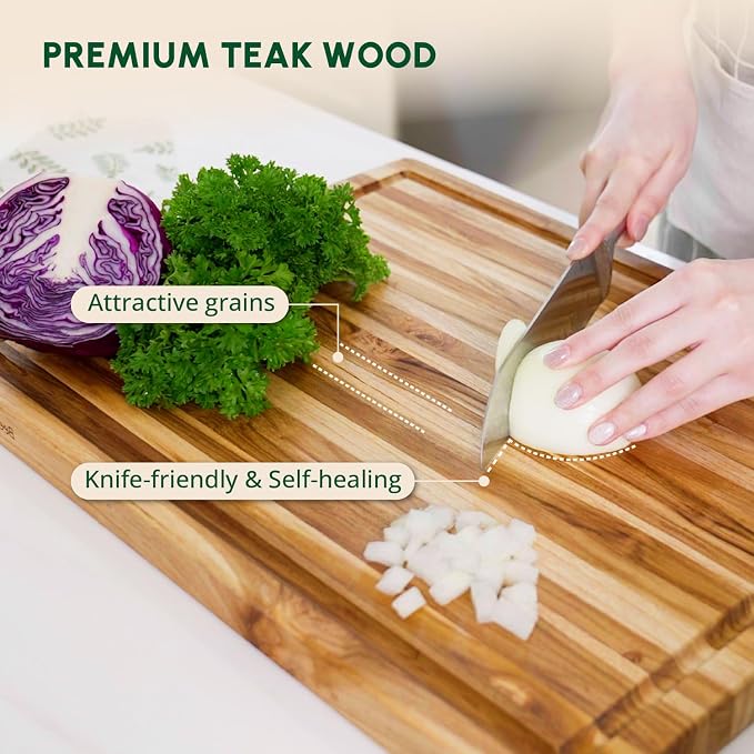 Large Teak Wood Cutting Board with Juice Groove (24x18x1.5", XL) | Durable extra large wooden cutting board for kitchen, butcher block, serving board, charcuterie platter. Gift box included