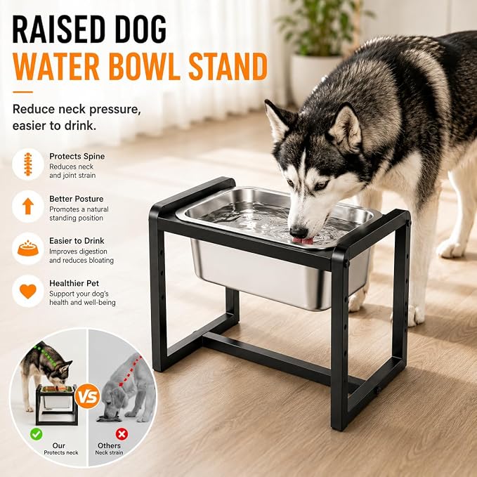 Adjustable Height Elevated Large Dog Water Bowls with Stainless Steel Bowls and Metal Stand，4-Level (8/10/12/14 Inches) Pet Bowl for Dogs for Large Medium Dogs - Durable, Easy to Clean (2.4gallon)