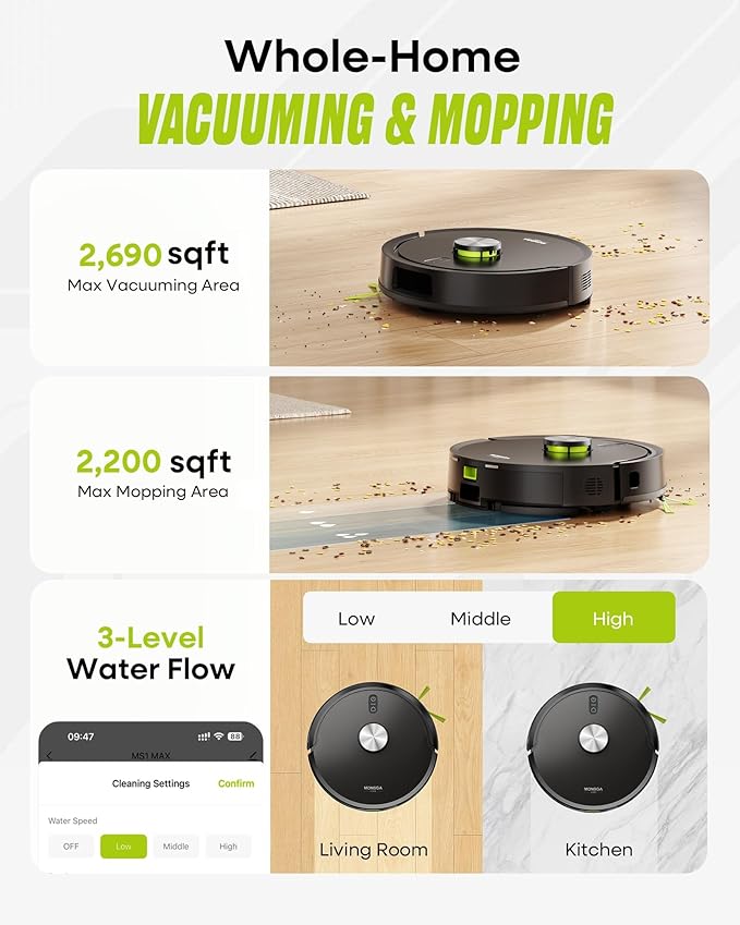 MONSGA Robot Vacuum and Mop Combo, 90 Days Self-Emptying with 8000Pa Suction, LiDAR Smart Mapping, Dual Anti-Tangle for Pet Hair, Carpet and Hard Floor