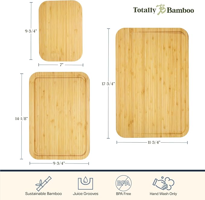 Totally Bamboo 3-Piece Bamboo Cutting Board Set – Cutting Boards for Kitchen with Juice Groove & Collection Well – Large, Medium & Small Sizes for Food Prep & Charcuterie