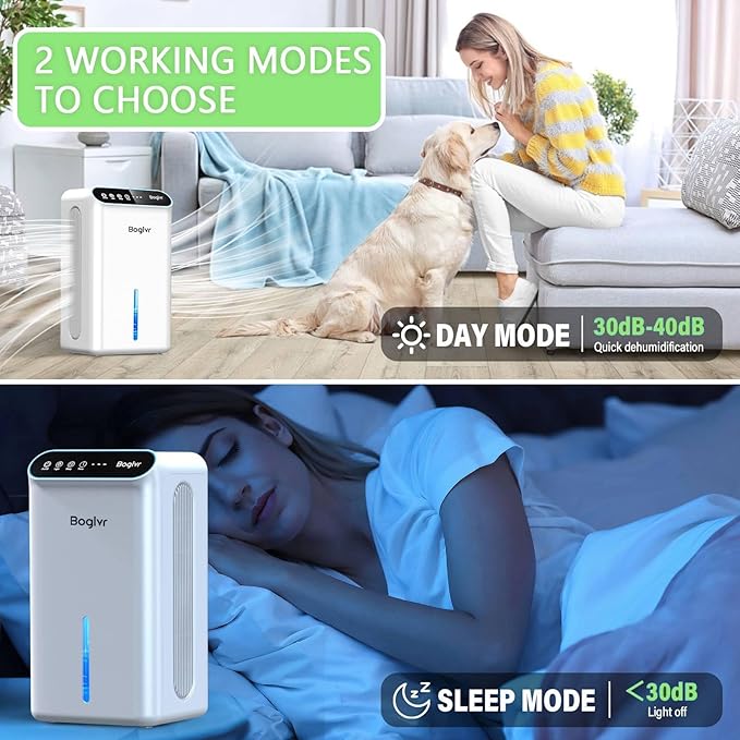Dehumidifier for Home up to 1000 sq.ft, 98oz Small Quiet Dehumidifier with Drain Hose, 3 Timer Modes, Auto Shut Off, Aromatherapy & 7 Color Light for Bedroom, Bathroom, Basement (Deep White)