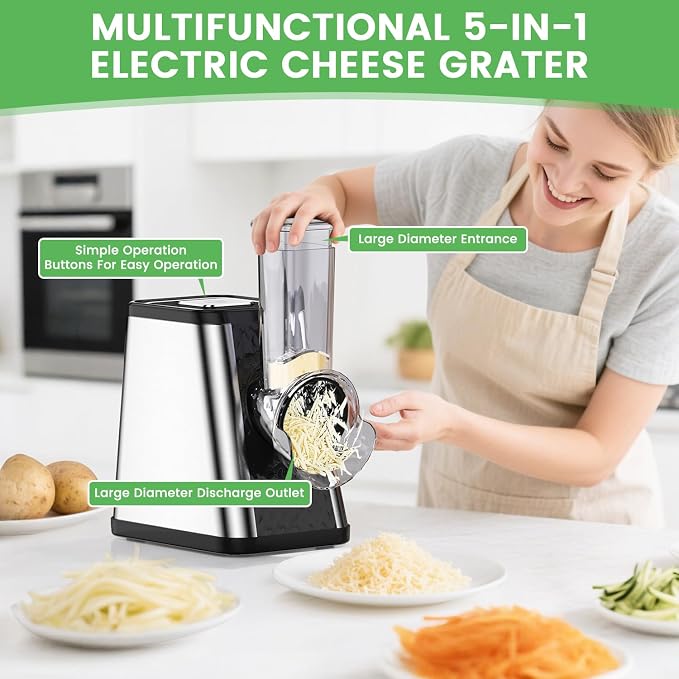Electric Cheese Grater for Block Cheese - Electric Vegetable Chopper with 5 Blades, Automatic Shredder for Potato Carrot Cucumber Cabbage Onion Kitchen Essentials