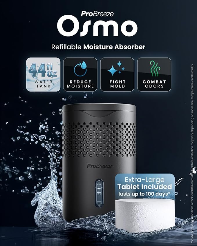 Pro Breeze Osmo® Dehumidifier, Silent & Refillable Moisture Absorber for Home, Bedroom, Wardrobe and Bathroom,1.54lb Refillable Tablet, Black
