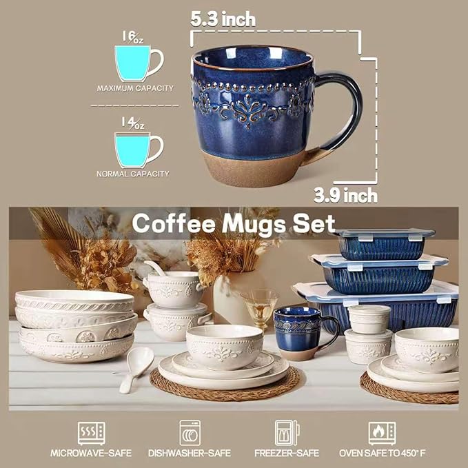 Artena Ceramic Coffee Mugs Set of 4, 16oz Embossed Large Latte Mugs Coffee Cups with Handle for Tea, Latte, Cappuccino & Cocoa, Milk Dishwasher & Microwave Safe, Blue (Multiple Patterns)