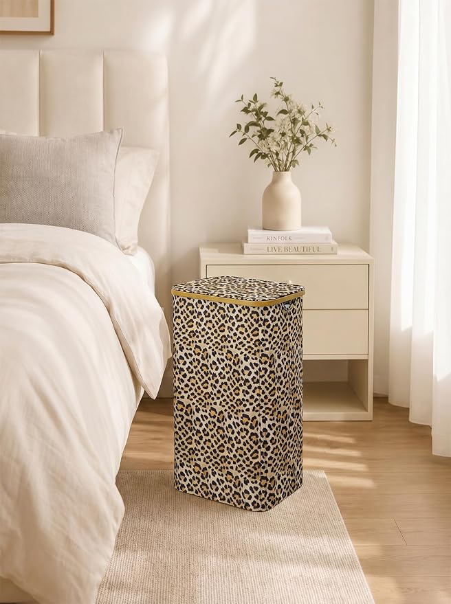 iEGrow Laundry Hamper with Lid, 110L Large Laundry Basket with Handle, Collapsible Clothes Basket Organizer with Removable Inner Bag for Clothes Towels - Leopard print