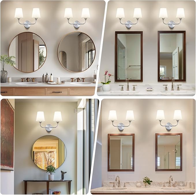 Bathroom Light Fixtures, Brushed Nickel Bathroom Vanity Light, 2-Light Lighting Fixtures Over Miror, Modern Wall Sconce with Flared White Fabric Shade, E26 Socket(ETL Listed)