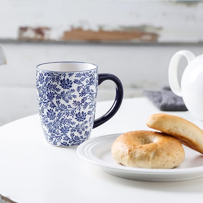 Selamica 16 oz Ceramic Coffee Mugs Set of 6, Ceramic Tea Cup with Handle, Dishwasher oven microwave safe, Vintage Blue