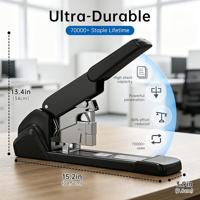 Heavy Duty Stapler, Industrial Grade, 240 Page Capacity, Ergonomic, Effortless, Extra Large Desktop Stapler, Suitable for Offices and classrooms, Anti-Jamming Metal Construction, Includes Staples.
