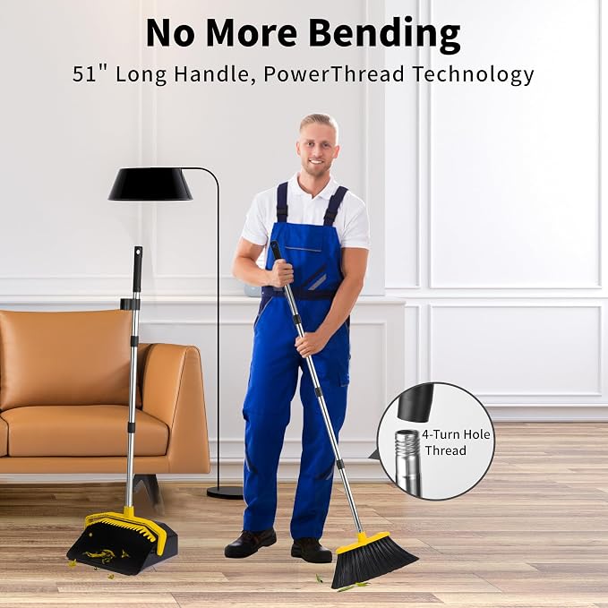 Tiumso Broom with Dustpan Combo Set, Brooms and Dustpans Sets with 51'' Long Handle, Large Dust Pan and Broom, Self-Cleaning Dustpan Teeth for Lobby Kitchen Office - Black and Yellow