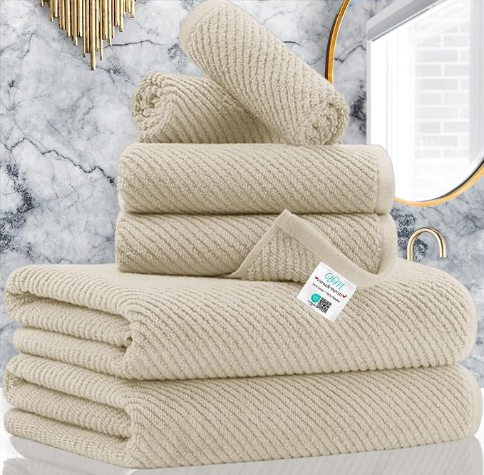 VOOVA & MOVAS 6PC Towel Set, 100% Cotton, Beige Tan | 2 Large Bath 30x56 In, 2 Hand 18x28 In, 2 Washcloths 13x13 In, Quick Dry, Thick, Soft, Towel Gift Set