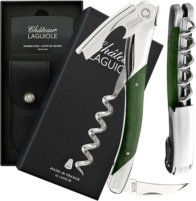Chateau Laguiole Grand Cru Corkscrew - Green Stamina French Luxury Wine Opener - Made in France - Sommelier Key Includes Leather Sheath & Gift Box