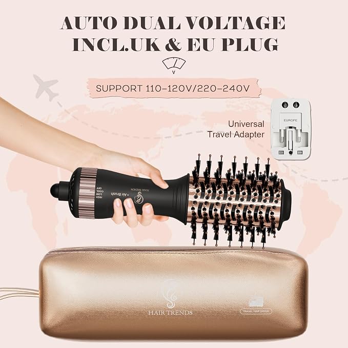 120-240V Travel Brush Hair Dryer, Small Hair Straightener Brush with European Plug Adapter for International Travel, 4 in 1 Hot Air Styler & Dryer for Drying Straightening Curling Volumizing
