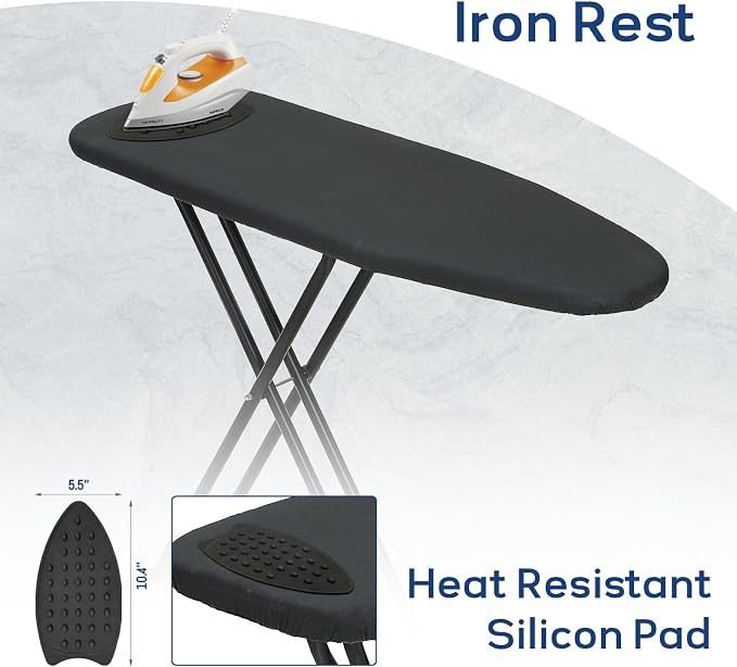 Ironing Board 43x13 with Iron Rest, RAINHOL Compact Iron Board Full Size with Thick Cover and Pad, Easy Storage Hanger with Heat-Resistant Silicone Pad, Space Saving and Height Adjustable, Black
