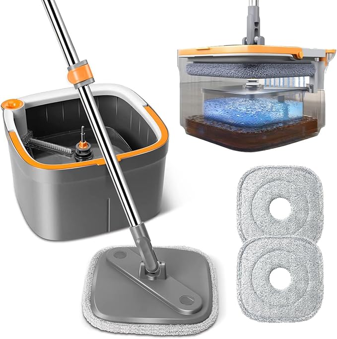 Spin Mop and Bucket Set with Self Separation Dirty and Clean Water System, Square Mop Bucket Self Wringing 360° Rotating Clean Floor Mop-Head for Hardwood Tile Marble Floors