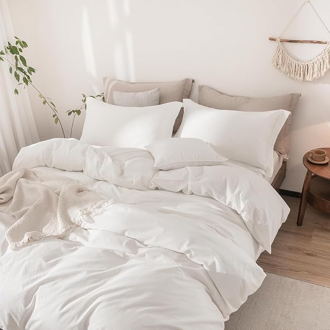 Off White Duvet Cover Oversize Queen Size 100% Washed Cotton Bedding Set Cover 1 Duvet Cover Zipper Closure and 2 Pillowcases, 98inch x 98inch