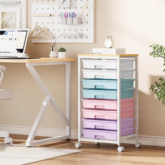 SYKIARIOL Rolling Storage Cart with Drawers,Utility Cart With 8 Drawers and Wooden Tabletop,Rolling Drawer Cart,Storage Drawer Cart for Living Room,Classroom,Bedroom,Bathroom,Dorm,Office, Ice Cream