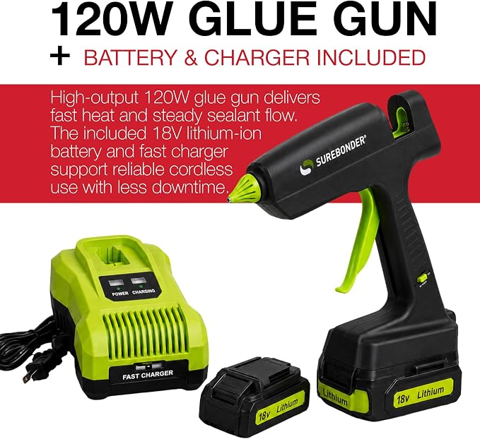 Professional 120W Glue Gun Kit - Dual Power 110V Corded & 18V Cordless Battery - Fast Heat, Consistent Flow for Automotive, Marine & Professional Sealing Applications