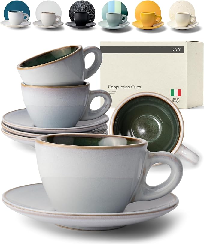 KIVY Cappuccino cups [4x 8oz] - Thick-walled stoneware cappuccino cup set for latte art - Latte mugs - Latte cup set - Small coffee cups - Latte art cup - Ceramic latte cup and saucer set of 4