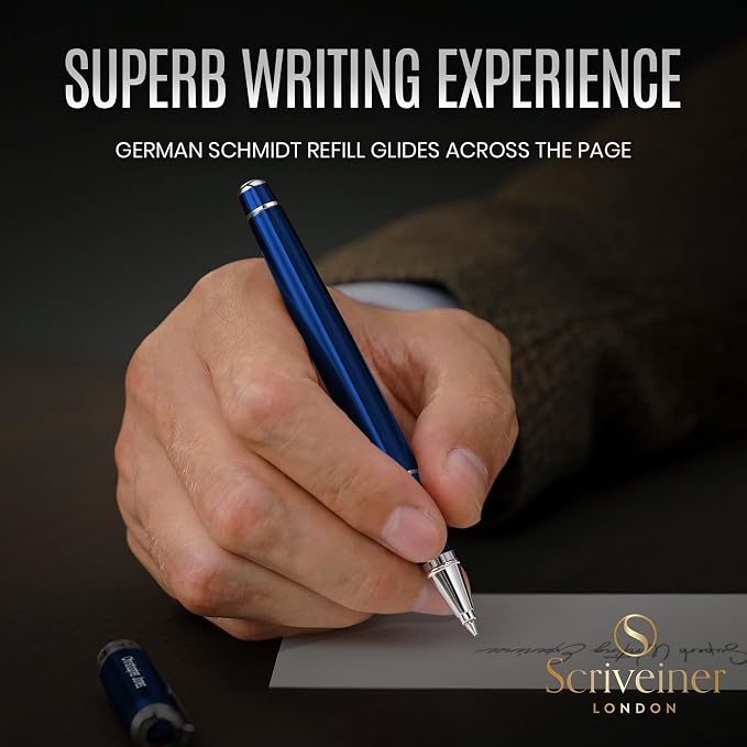 Scriveiner Personalized Midnight Blue Rollerball Pen - Stunning Blue Lacquer Luxury Pen, Chrome Finish, Schmidt Ink Refill, Best Engraved Roller Ball Gift Set for Men & Women, Custom Name Engraving