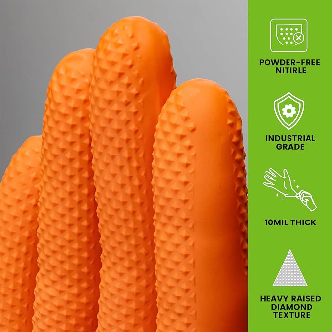 TREEGO Orange 10 Mil Diamond Grip Nitrile Gloves Case, XL, 1000 Count | Latex Free, Heavy Duty Grip for Fleet Maintenance, Heavy Equipment, Utility Service & Outdoor Operations