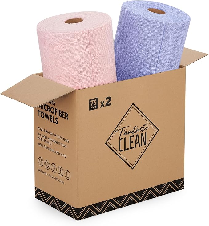 Fantasticlean Microfiber Cleaning Cloth Roll -150 Pack, Tear Away Microfiber Towels, 12" x 12", Reusable, Washable, Ultra Absorbent Dishcloth for All-Around Cleaning Supplies (Pink & Lavender)