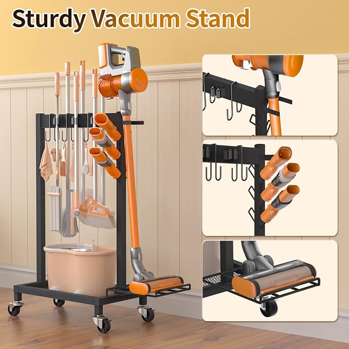 Broom Holder with Cleaning Supplies Organizer, 18" Wx11.8 Dx34.6 H | Load 160 LBS, Cleaning Cart with Wheels, 6 Mop Hanger Grippers, 3 Double-Hooks, Vacuum Stand for Laundry Garage Organization