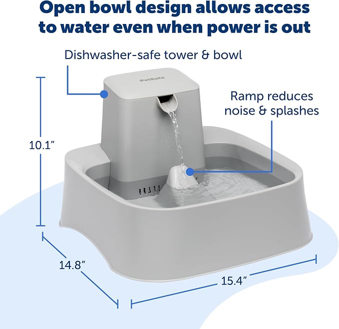 PetSafe Oasys Pet Fountain, 2 Gallon/256 oz, Dogs & Multi-Pet Homes | Adjustable Water Flow, Open-Bowl Design Keeps Water Available in Outages, Dishwasher-Safe, Filter Included