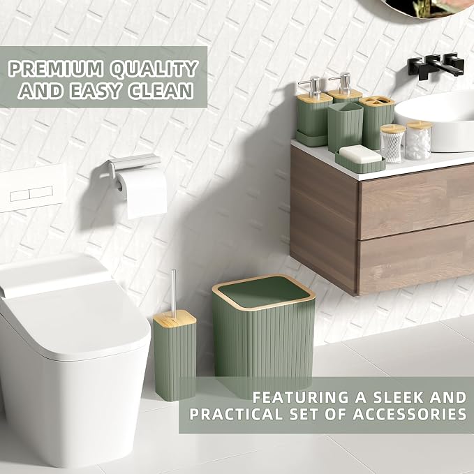 XLHOMO Bathroom Accessories Set - 25PC Sage Green Bathroom Set, Bathroom Set with Shower Curtain and Rugs, Green Shower Curtain Set, Toilet Brush, Bathroom Trash Can